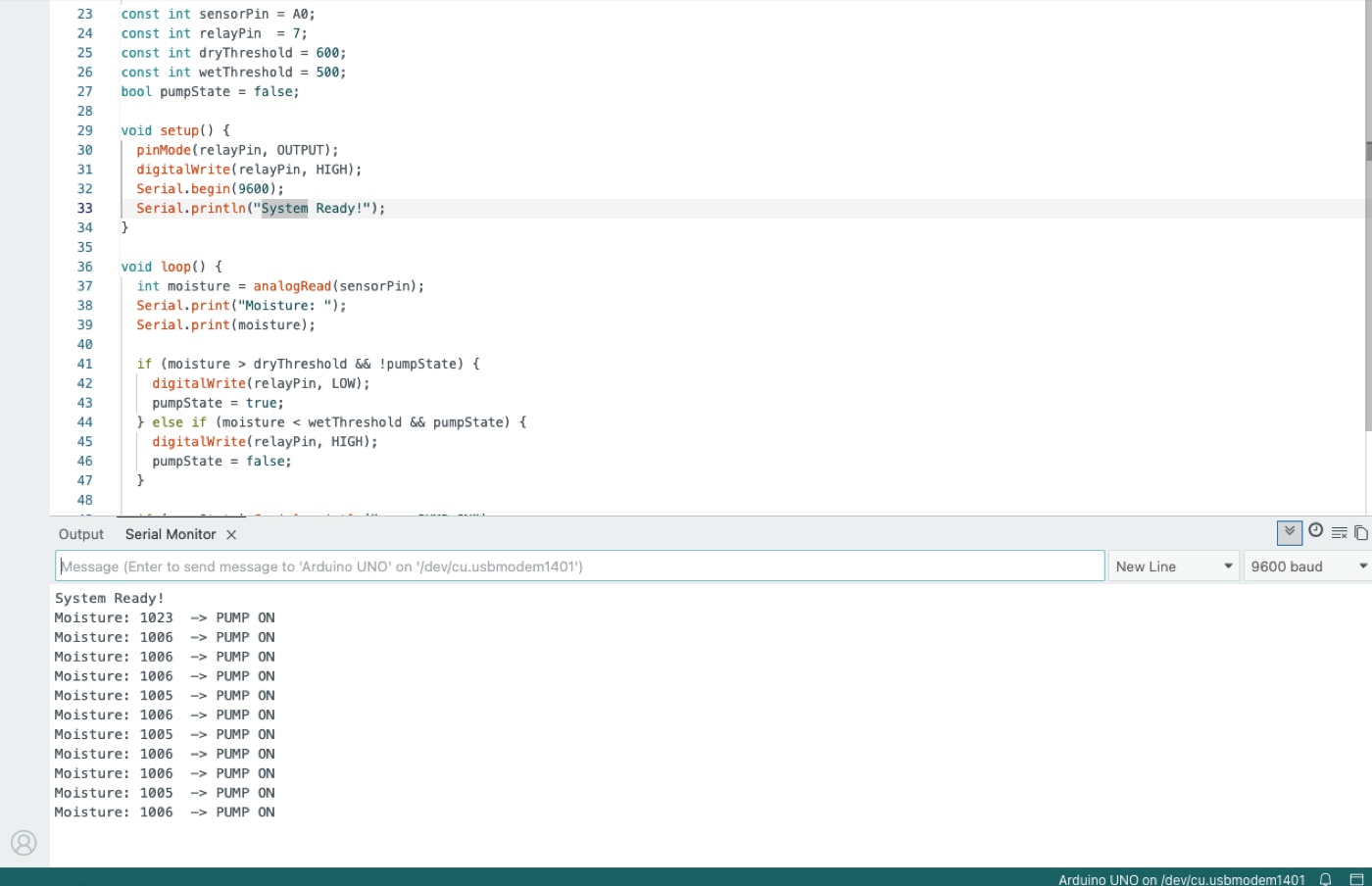 Arduino IDE Serial Monitor showing real moisture readings and PUMP ON messages during our calibration